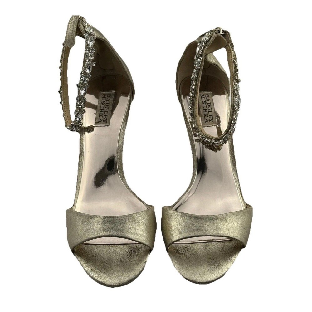 Badgley Mischka Gold Heels SZ 10 Women’s Rhinestone Ankle Strap Wedding/Prom